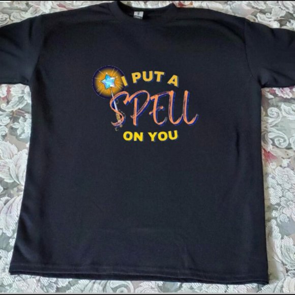 I Put A Spell On You | 50/50 Dryblend Gildan Shirt | Black w/ Orange Text - Picture 1 of 1